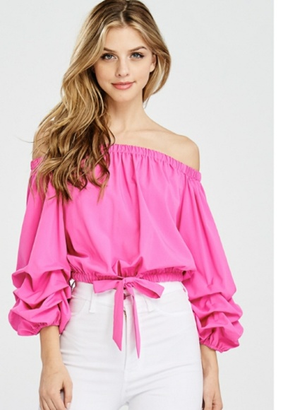 Pink OffShoulder Bubble Sleeve Top - Picture 2 of 8